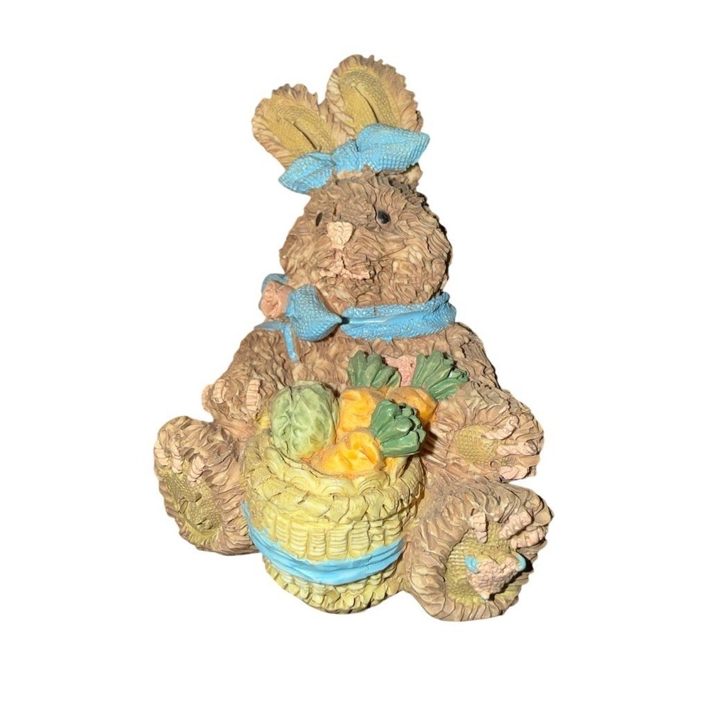 Boyds Bears Vintage Easter Bunny Rabbit Figurine Blue Bow Carrot Basket